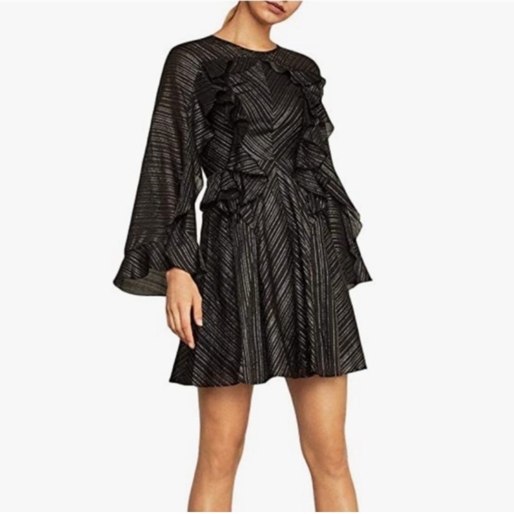 BCBGMaxAzria Black and Gold Metallic Striped Ruffled Long Sleeve Dress - Small